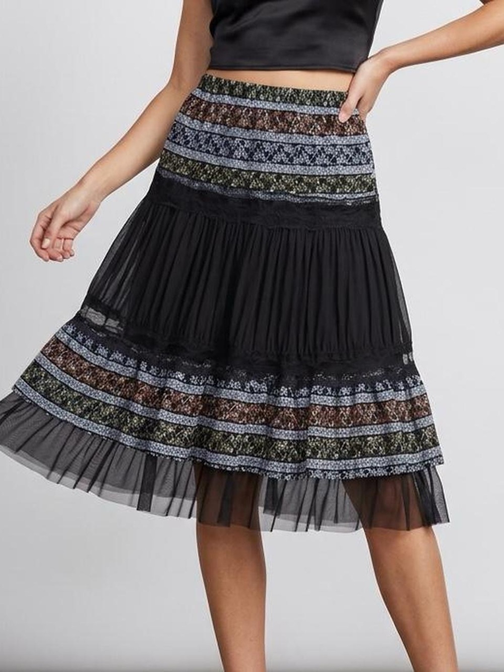 Boho tiered black midi skirt with lace detailing